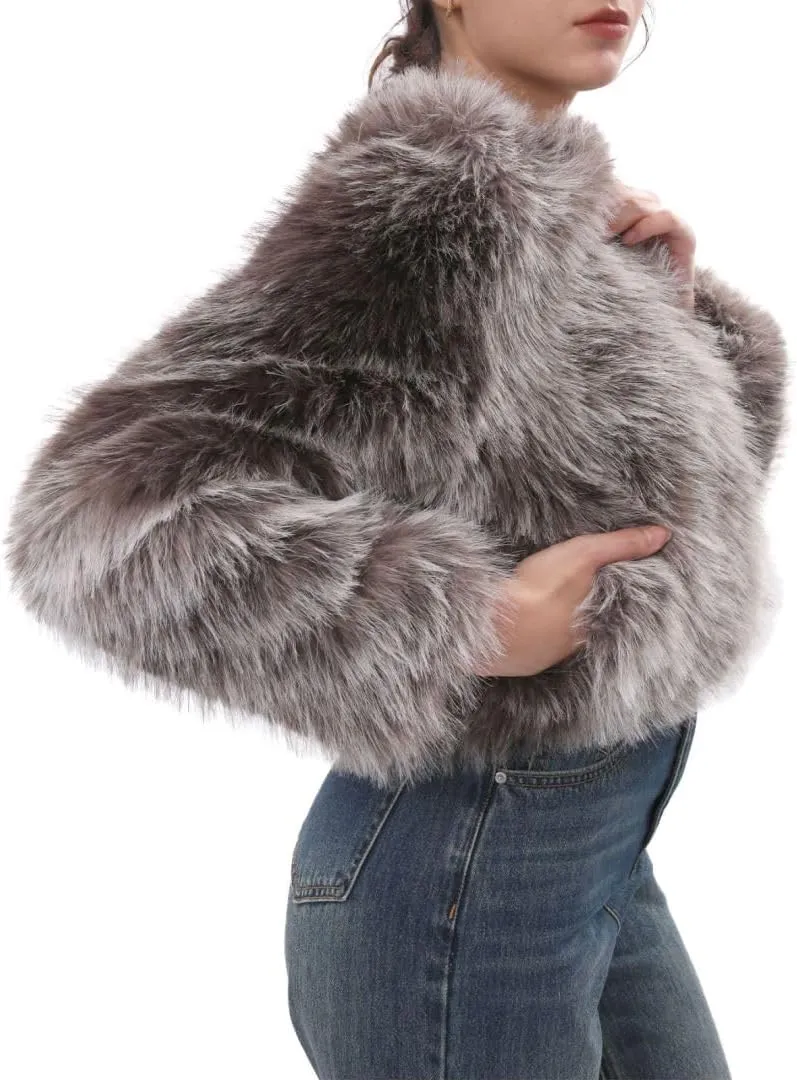 Amazhiyu Women's Faux Fur Cropped Coat Pockets Long Sleeve Open Front Winter Jacket