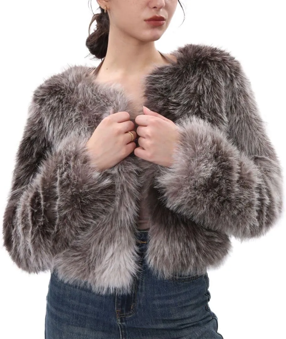 Amazhiyu Women's Faux Fur Cropped Coat Pockets Long Sleeve Open Front Winter Jacket