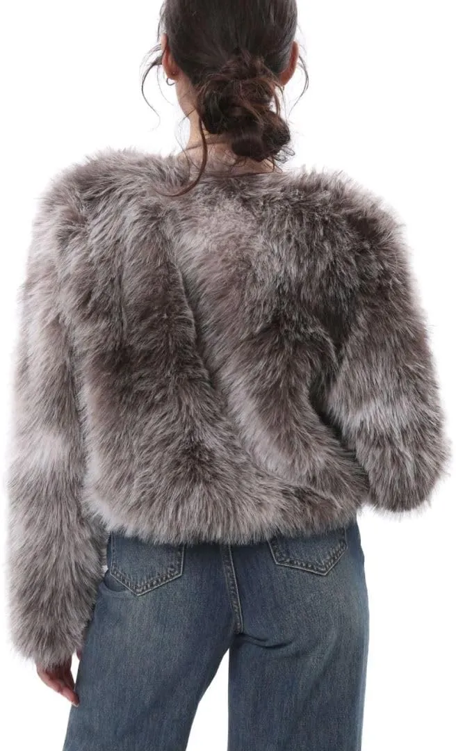 Amazhiyu Women's Faux Fur Cropped Coat Pockets Long Sleeve Open Front Winter Jacket