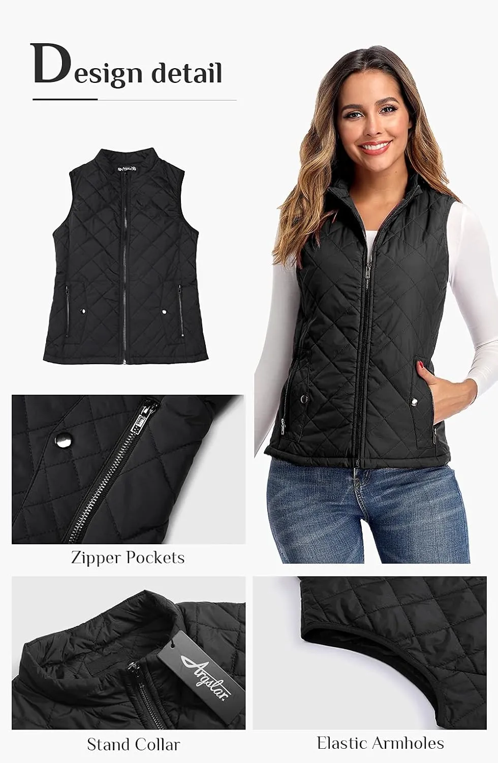 Argstar Women's Vest, Quilted Lightweight Zip Pockets Padded Gilet (XS-2XL)