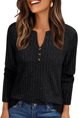 AUTOMET Womens Henley V Neck Long Sleeve Shirt Fall Dreesy Casual Tunic Loose Fit Top Sweater