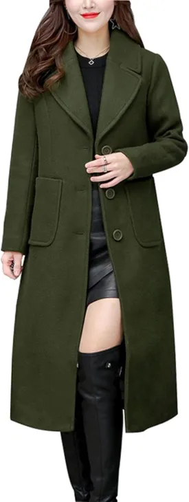 chouyatou Women's Big Notch Lapel Single Breasted Mid-Long Wool Blend Coat