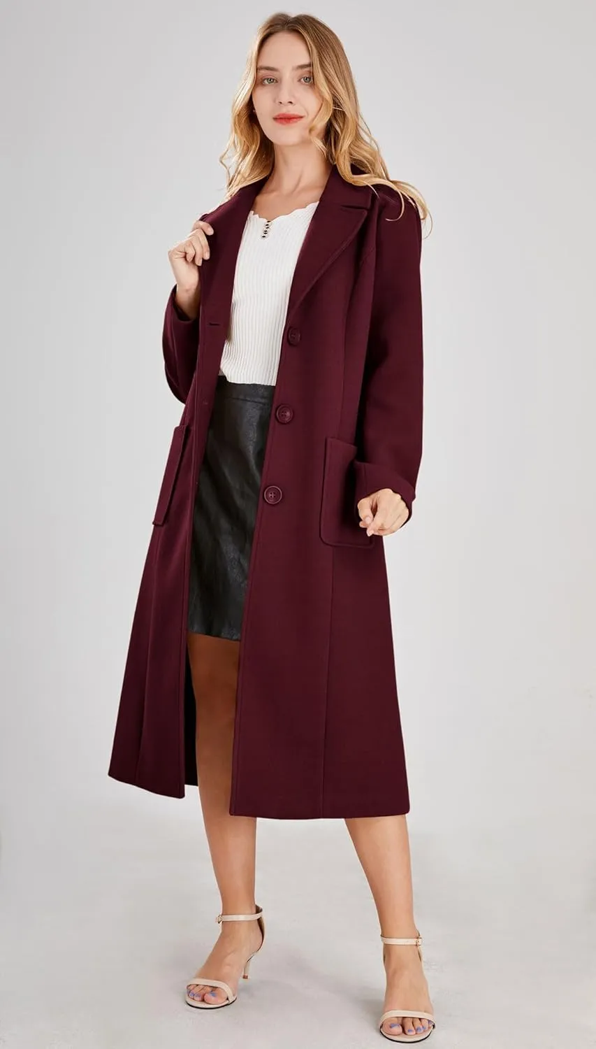 chouyatou Women's Big Notch Lapel Single Breasted Mid-Long Wool Blend Coat