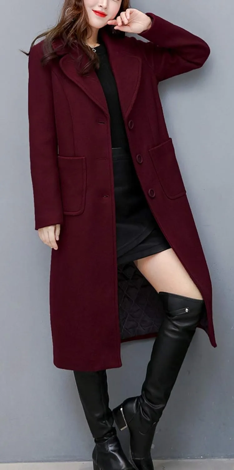chouyatou Women's Big Notch Lapel Single Breasted Mid-Long Wool Blend Coat