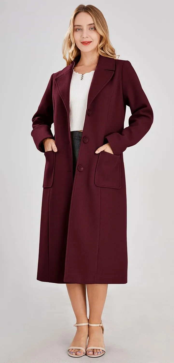 chouyatou Women's Big Notch Lapel Single Breasted Mid-Long Wool Blend Coat