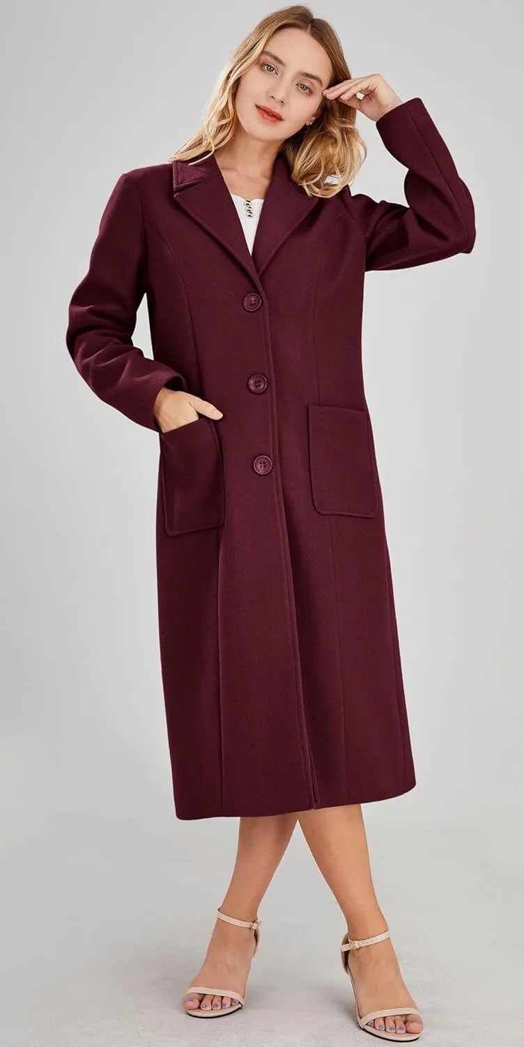 chouyatou Women's Big Notch Lapel Single Breasted Mid-Long Wool Blend Coat