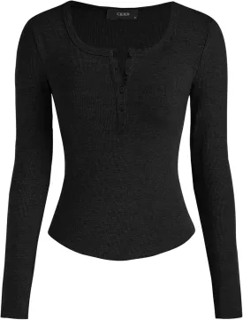 CIDER Henley Shirts for Women Long Sleeve Slim Fitted Basic Business Casual Tops for Women Button Ribbed Knit Base Layer