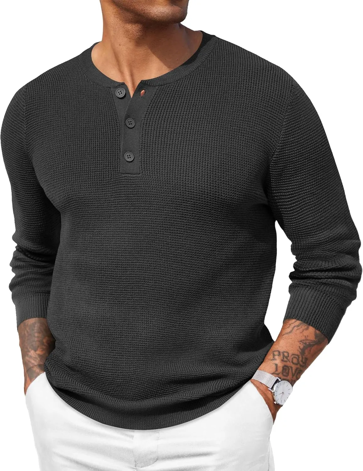 COOFANDY Men's Waffle Henley Shirts Crewneck Lightweight Sweater Long Sleeve Causal Knitted Pullover T Shirt
