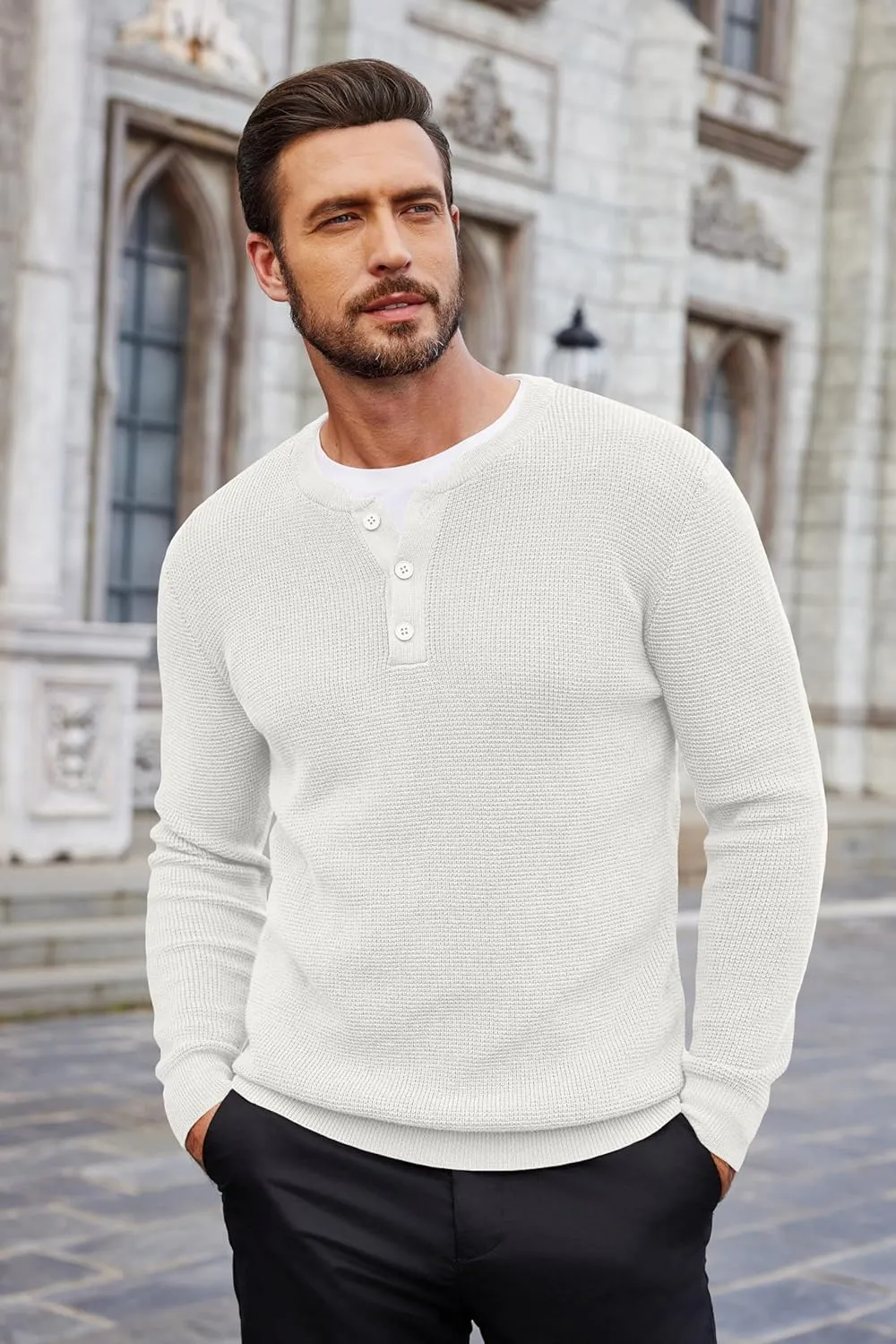 COOFANDY Men's Waffle Henley Shirts Crewneck Lightweight Sweater Long Sleeve Causal Knitted Pullover T Shirt