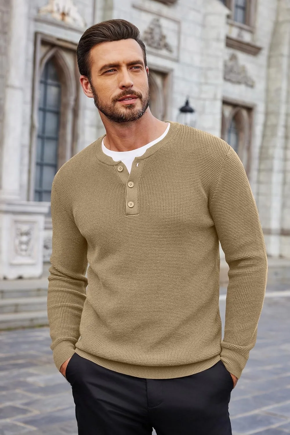 COOFANDY Men's Waffle Henley Shirts Crewneck Lightweight Sweater Long Sleeve Causal Knitted Pullover T Shirt