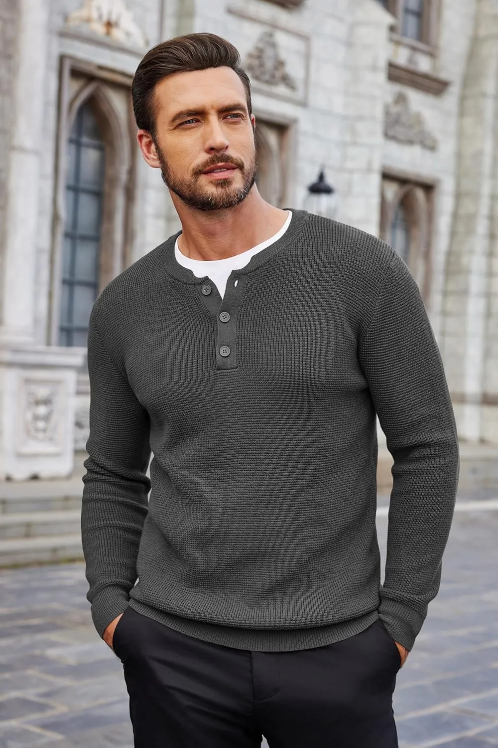 COOFANDY Men's Waffle Henley Shirts Crewneck Lightweight Sweater Long Sleeve Causal Knitted Pullover T Shirt