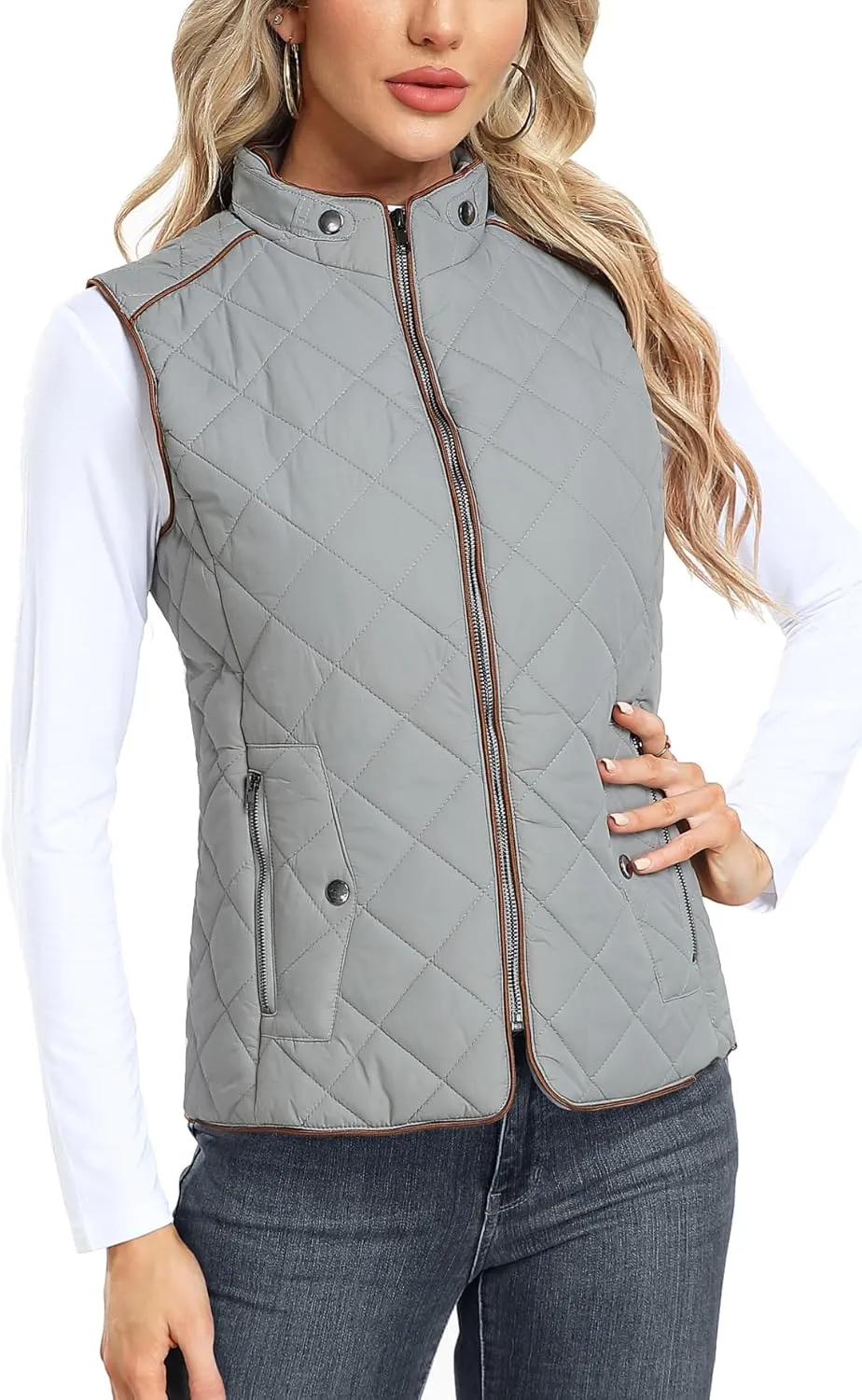 Dilgul Women Padded Vest Stand Collar Zip Up Trendy Puffer Lightweight Quilted Vest