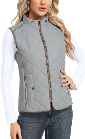 Dilgul Women Padded Vest Stand Collar Zip Up Trendy Puffer Lightweight Quilted Vest
