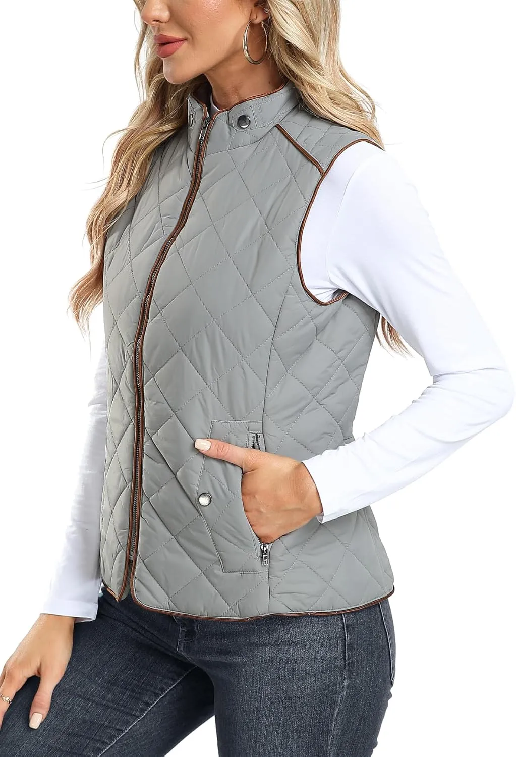 Dilgul Women Padded Vest Stand Collar Zip Up Trendy Puffer Lightweight Quilted Vest