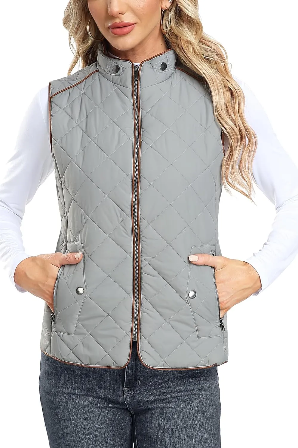 Dilgul Women Padded Vest Stand Collar Zip Up Trendy Puffer Lightweight Quilted Vest