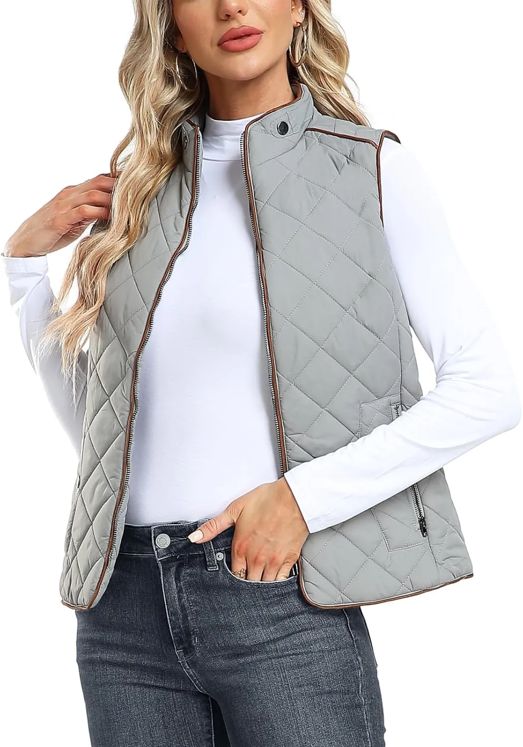 Dilgul Women Padded Vest Stand Collar Zip Up Trendy Puffer Lightweight Quilted Vest