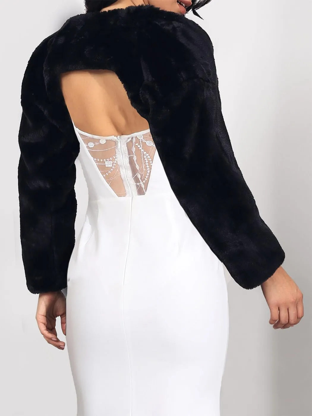 EASEDAILY Women's Bolero Shrug Fur Jacket Long Sleeve Crop Top Faux Open Front Cardigan Evening Dress Cover Up for Bride