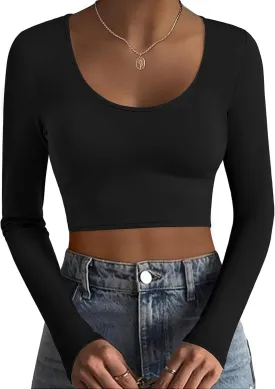 Ekouaer Long Sleeve Crop Tops for Women Scroop Neck Lightweight Basic Base Layer Soft Thermal Undershirts Shirts S-XXL