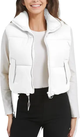 Flygo Puffer Vest Women Cropped Vest Zip Up Stand Collar Sleeveless Lightweight Winter Down Vests Jacket