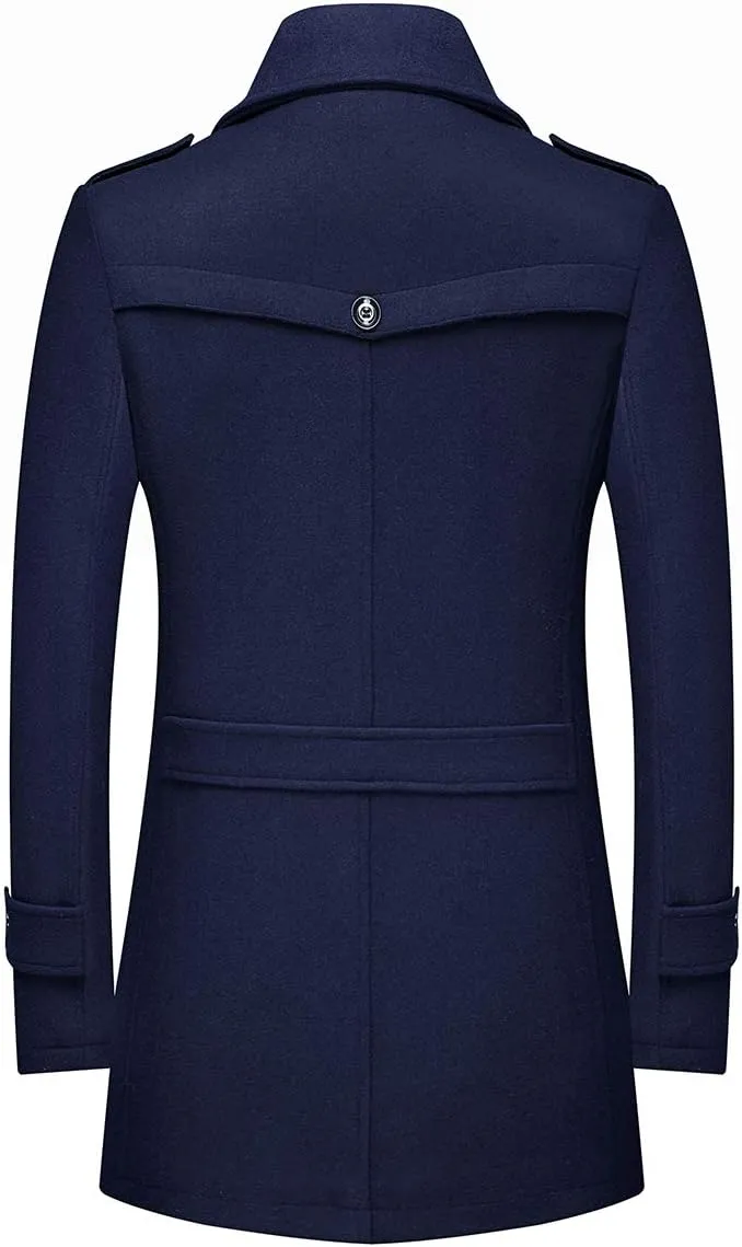FTIMILD Men's Wool Blend Coat with Detachable Scarfs Notched Collar Single Breasted Pea Coa