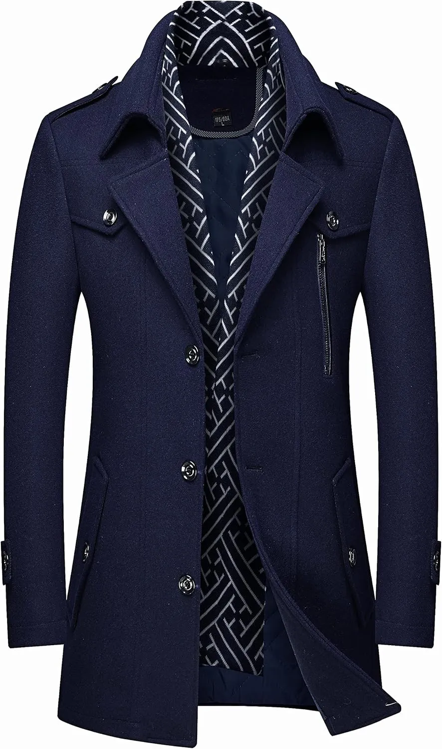 FTIMILD Men's Wool Blend Coat with Detachable Scarfs Notched Collar Single Breasted Pea Coa