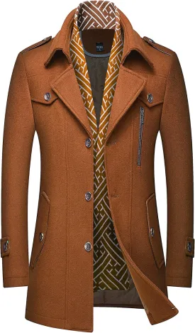 FTIMILD Men's Wool Blend Coat with Detachable Scarfs Notched Collar Single Breasted Pea Coa