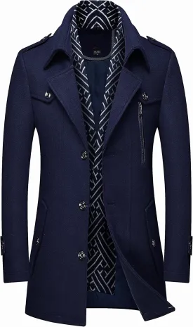 FTIMILD Men's Wool Blend Coat with Detachable Scarfs Notched Collar Single Breasted Pea Coa