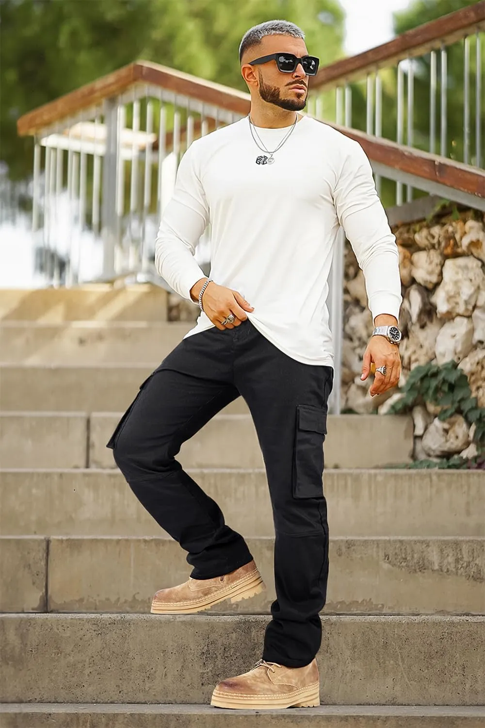 GINGTTO Men's Casual Cargo Pants Drawstring Elastic Waist Work Pants Hiking Jogger Multi Pockets