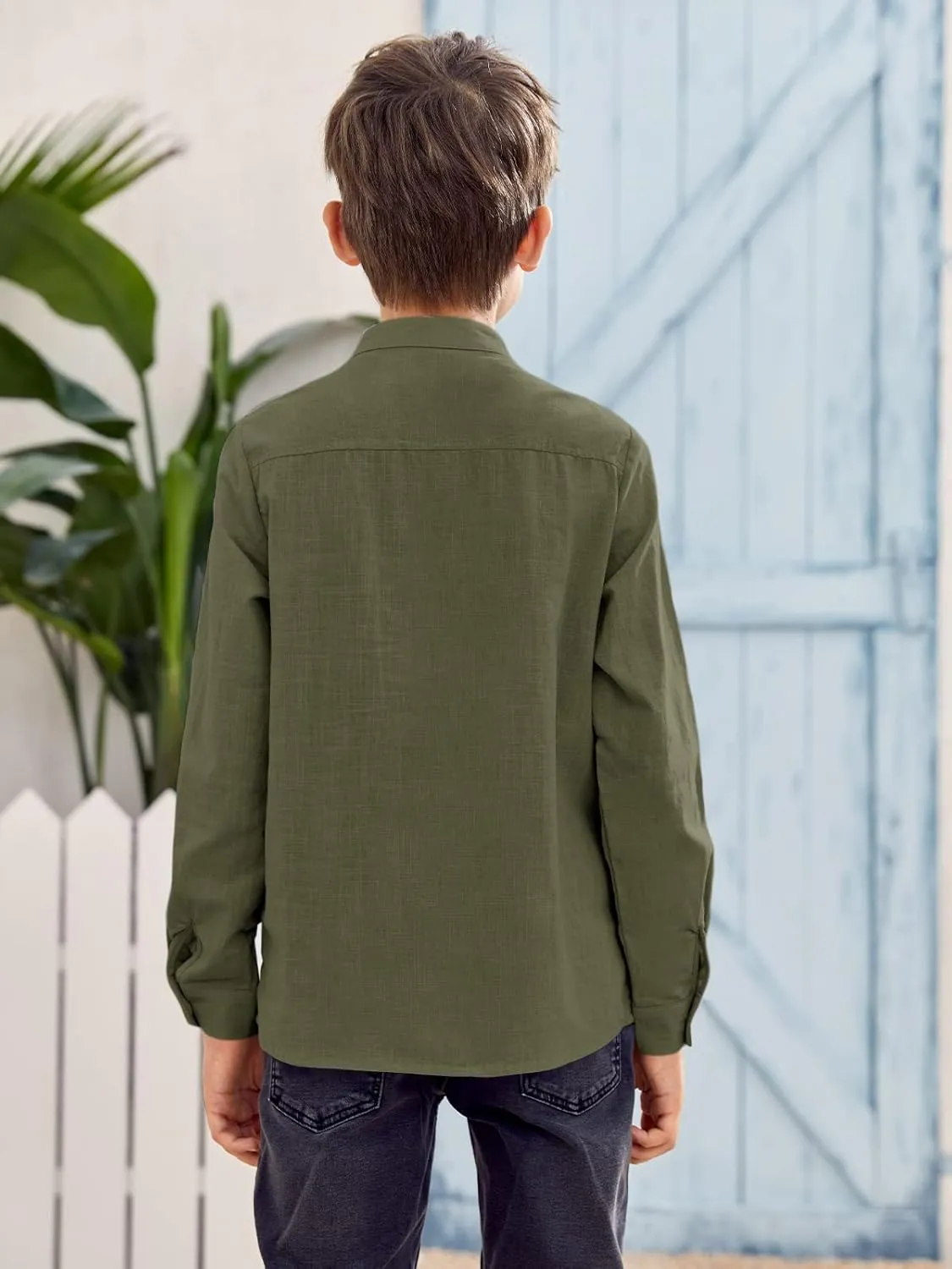 Inorin Boys Linen Shirt Button Up Henley Long Sleeve Dress Shirts Cotton Lightweight Tees Tops with One Pocket