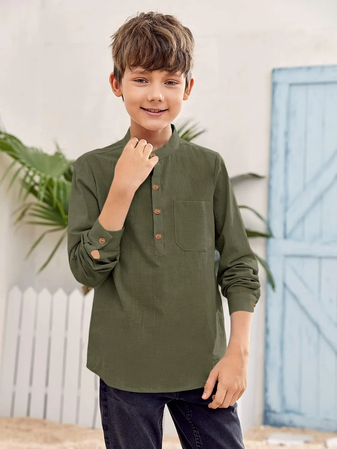 Inorin Boys Linen Shirt Button Up Henley Long Sleeve Dress Shirts Cotton Lightweight Tees Tops with One Pocket