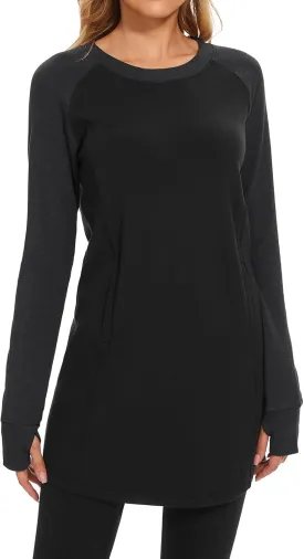 Lightbare Womens Fleece Long Sleeve Dress Thermal Pullover Crew Neck Tunic Sweatshirt Dress with Pocket Winter Dresses