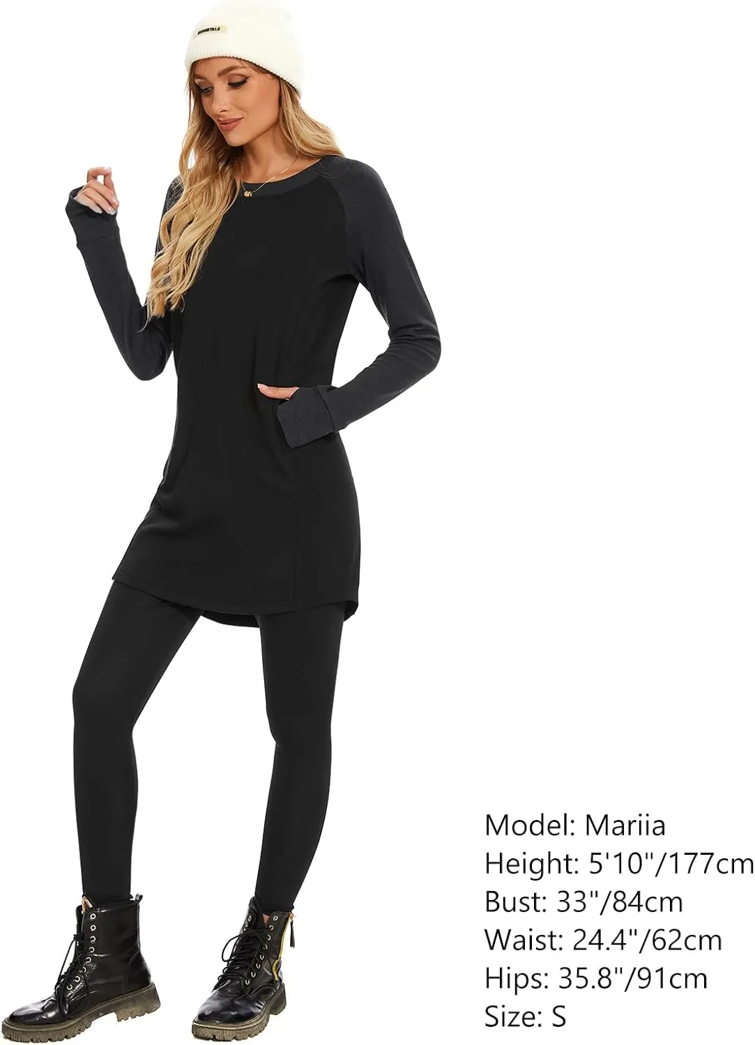 Lightbare Womens Fleece Long Sleeve Dress Thermal Pullover Crew Neck Tunic Sweatshirt Dress with Pocket Winter Dresses