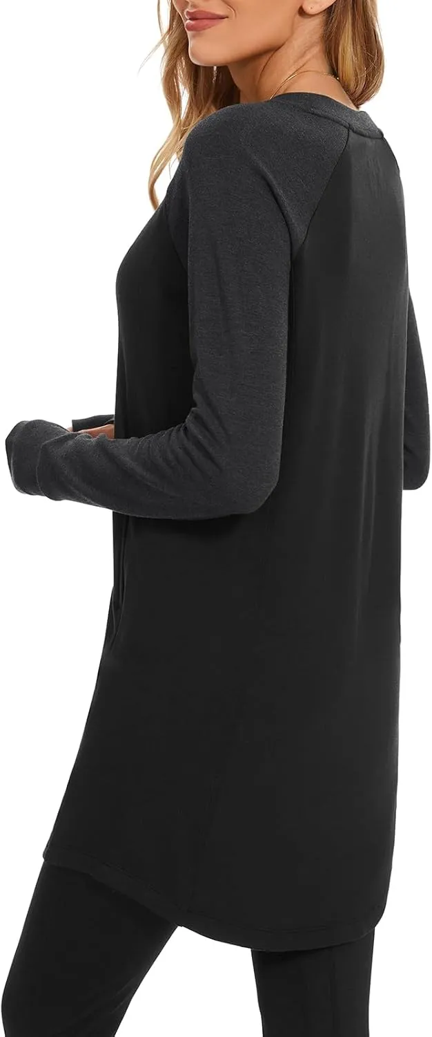 Lightbare Womens Fleece Long Sleeve Dress Thermal Pullover Crew Neck Tunic Sweatshirt Dress with Pocket Winter Dresses