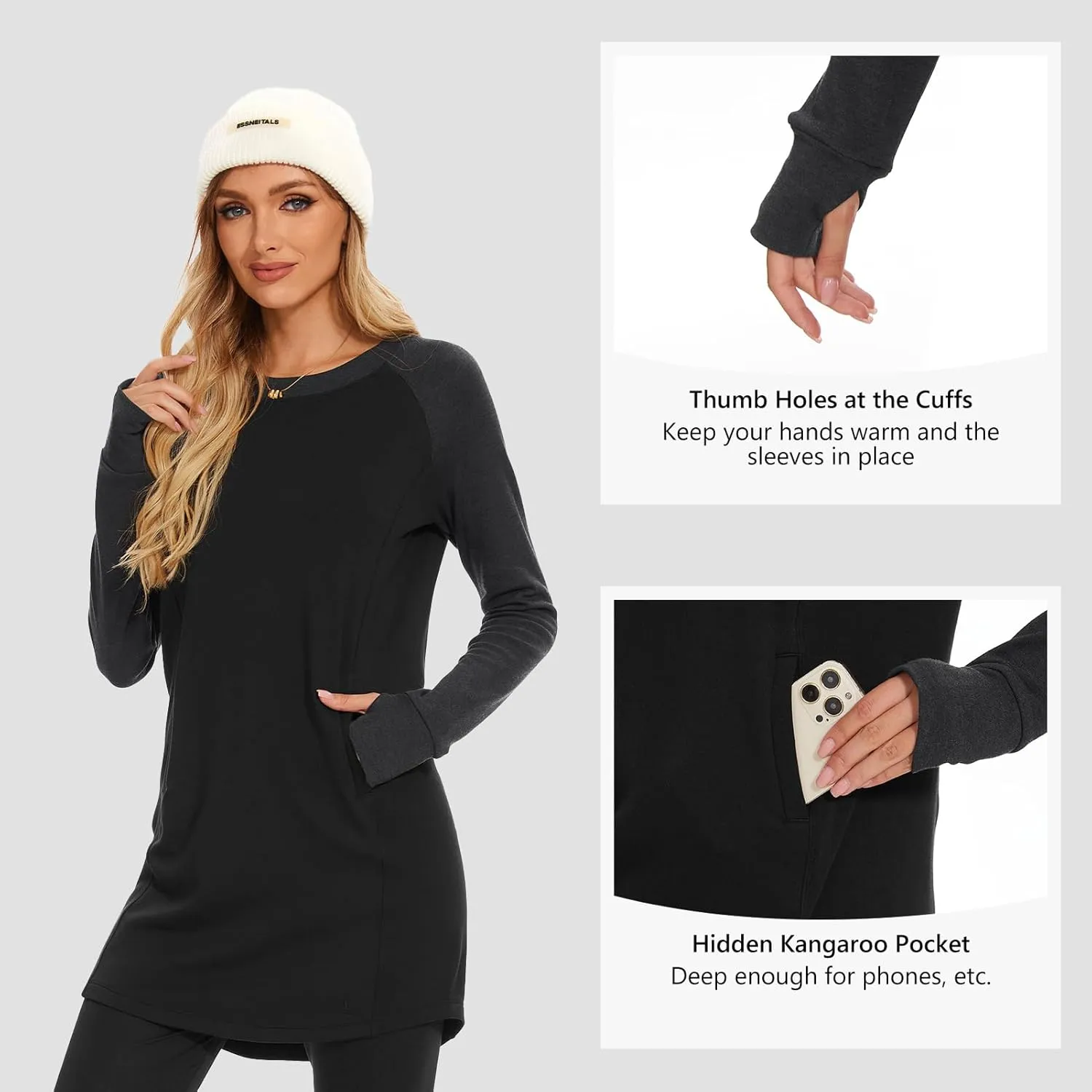 Lightbare Womens Fleece Long Sleeve Dress Thermal Pullover Crew Neck Tunic Sweatshirt Dress with Pocket Winter Dresses