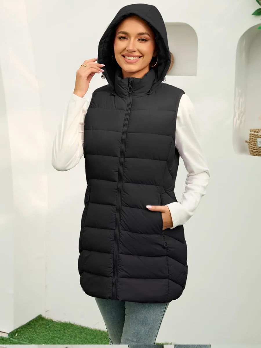 Long Puffer Vest for Women with Hood Lightweight Packable Sleeveless Down Vest for Spring, Fall & Winter
