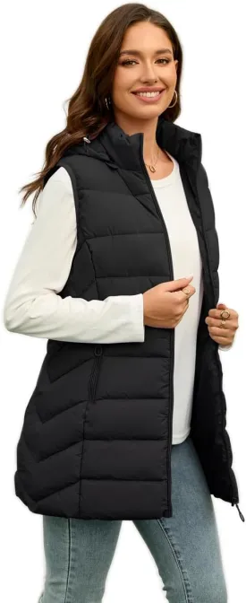 Long Puffer Vest for Women with Hood Lightweight Packable Sleeveless Down Vest for Spring, Fall & Winter