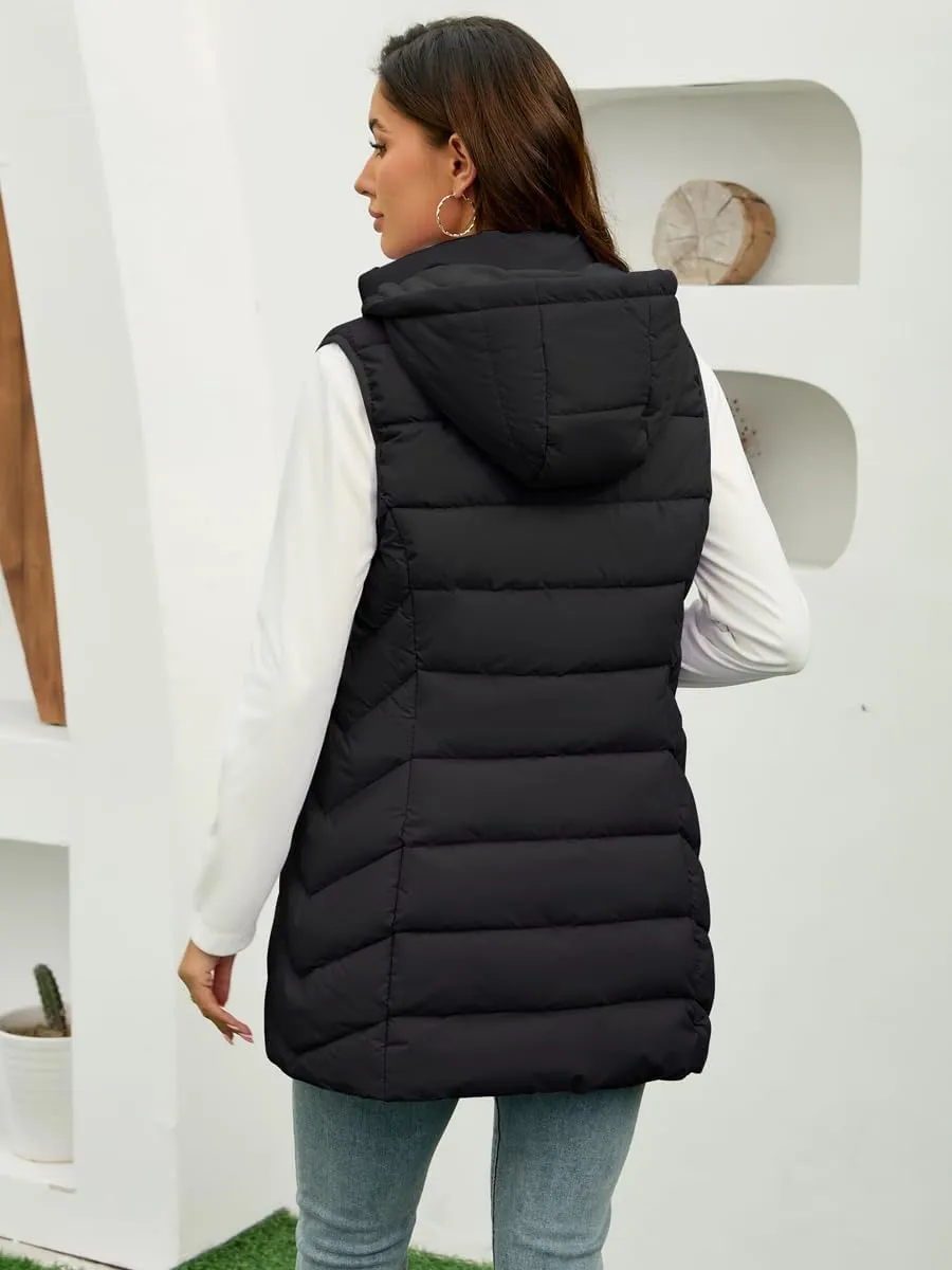 Long Puffer Vest for Women with Hood Lightweight Packable Sleeveless Down Vest for Spring, Fall & Winter