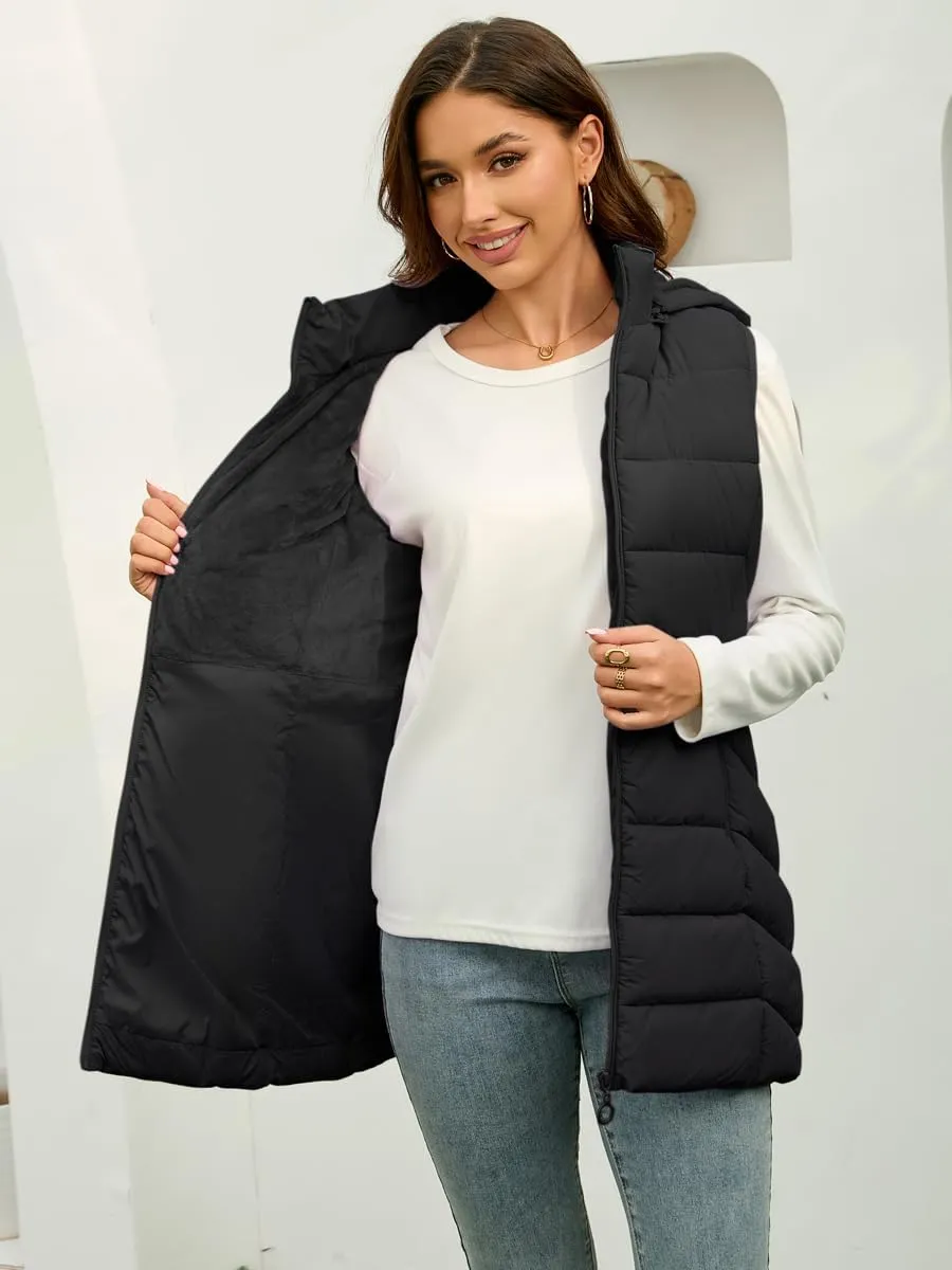 Long Puffer Vest for Women with Hood Lightweight Packable Sleeveless Down Vest for Spring, Fall & Winter
