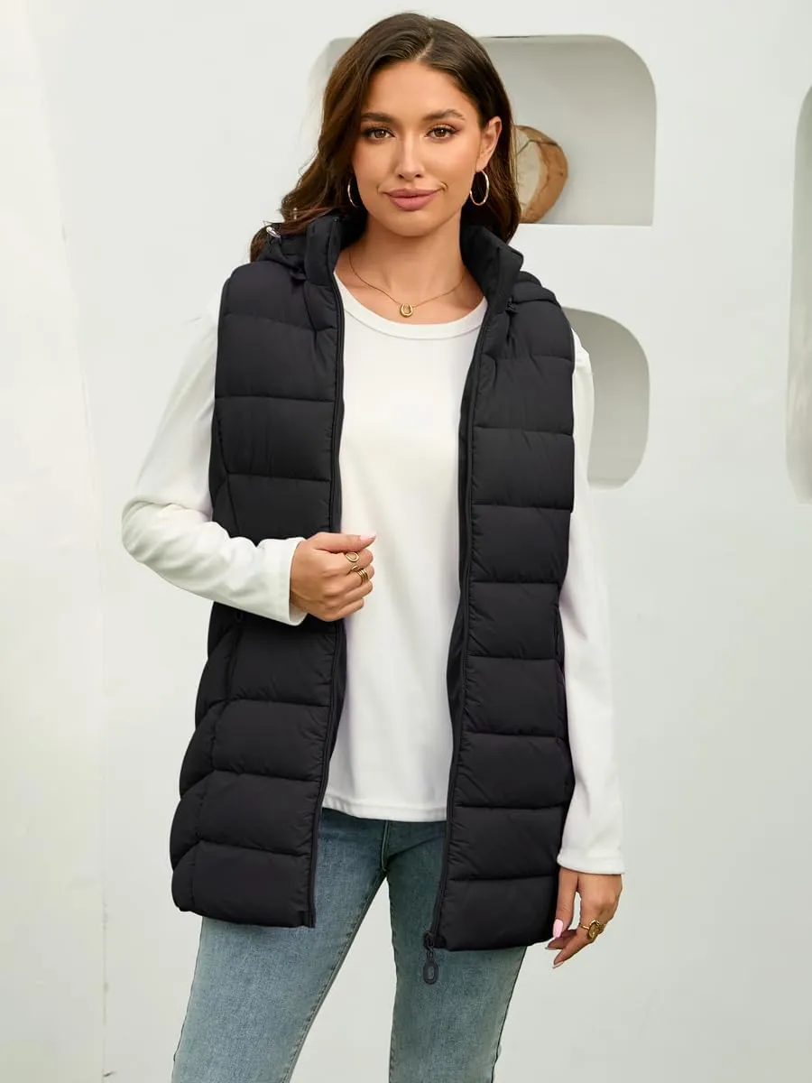 Long Puffer Vest for Women with Hood Lightweight Packable Sleeveless Down Vest for Spring, Fall & Winter