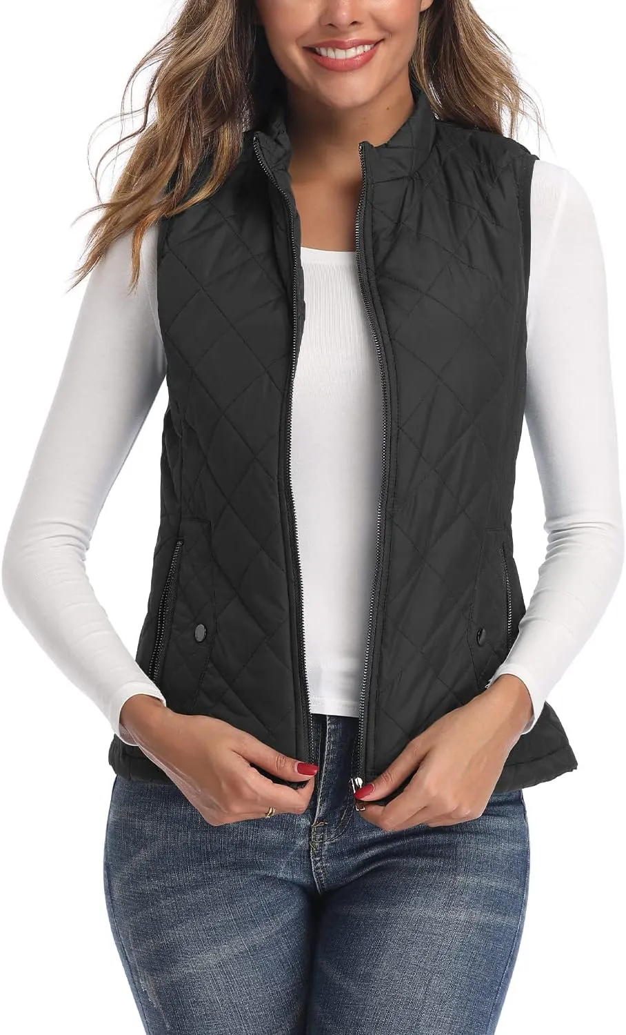 LONGKING Women's Vest, Stand Collar Lightweight Zip Quilted Vest for Women