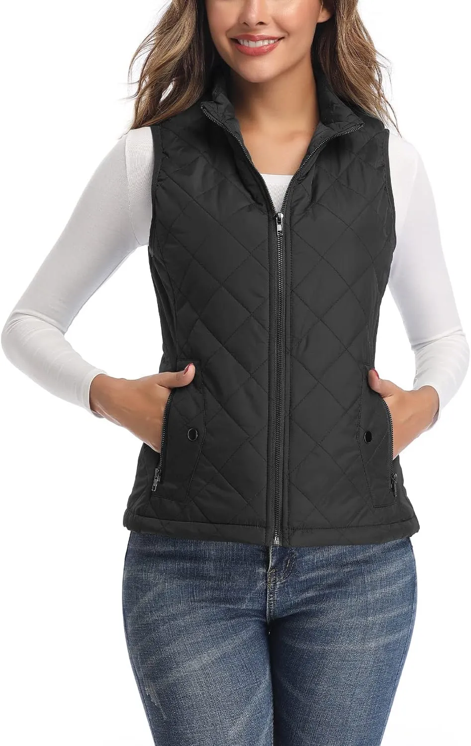 LONGKING Women's Vest, Stand Collar Lightweight Zip Quilted Vest for Women