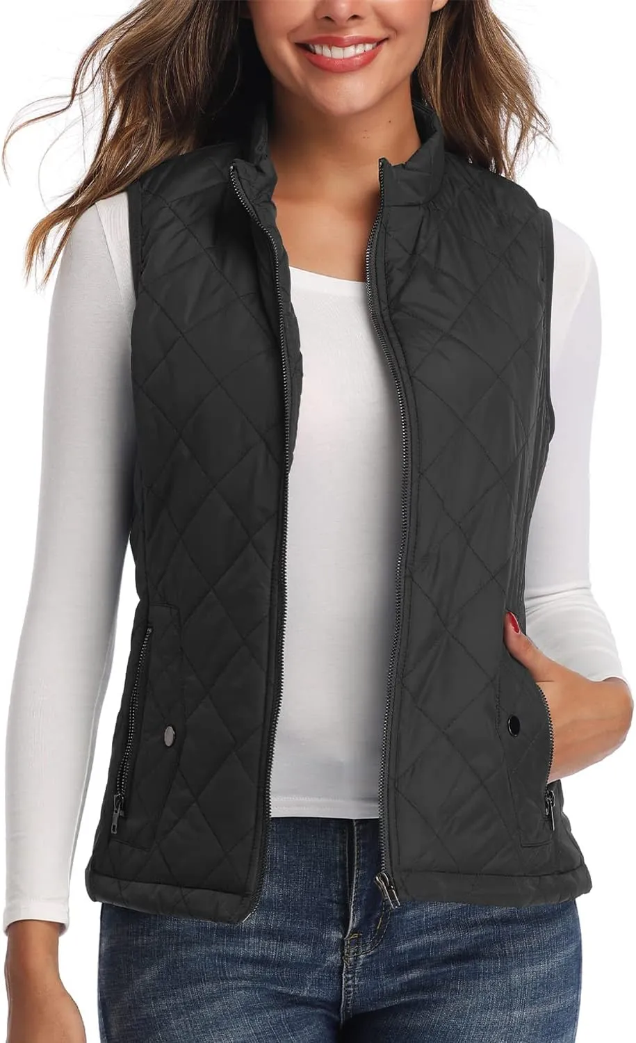 LONGKING Women's Vest, Stand Collar Lightweight Zip Quilted Vest for Women