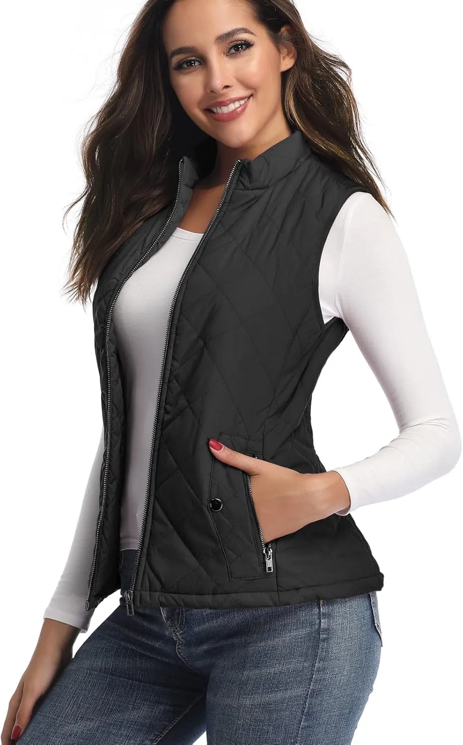 LONGKING Women's Vest, Stand Collar Lightweight Zip Quilted Vest for Women
