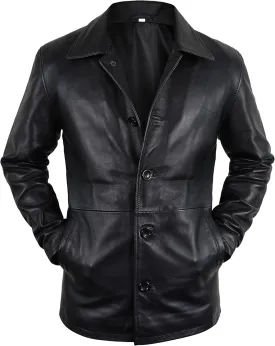 LP-FACON Men's 3/4 Mid Length Genuine Leather Trench Coat - Vintage Leather Blazer Jacket Car Coat