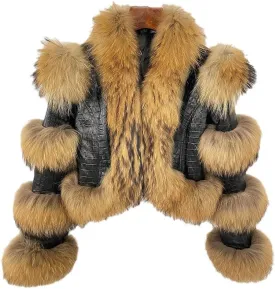 LVCOMEFF Women Sheep Leather Cropped Jacket Bolero Top Coat Motorcycle Jacket With Fox Fur Layer Long Sleeve Python Pattern
