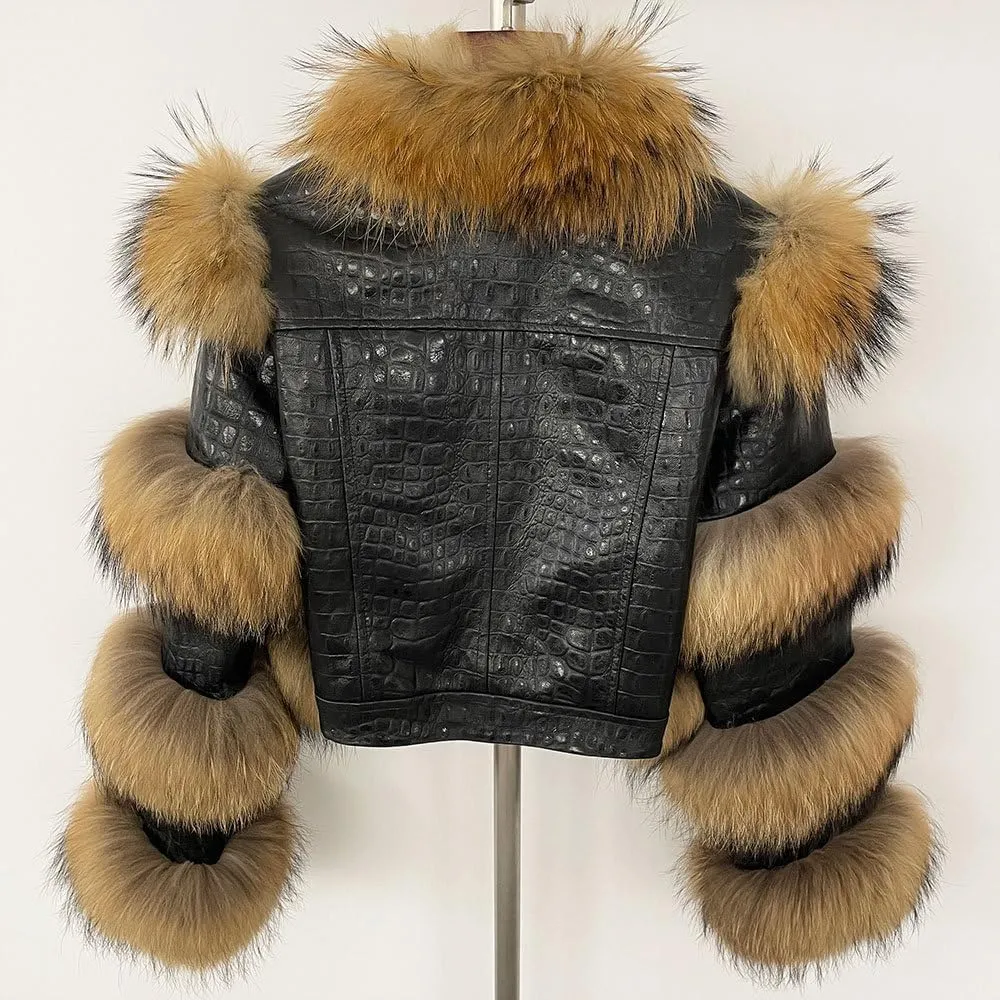 LVCOMEFF Women Sheep Leather Cropped Jacket Bolero Top Coat Motorcycle Jacket With Fox Fur Layer Long Sleeve Python Pattern