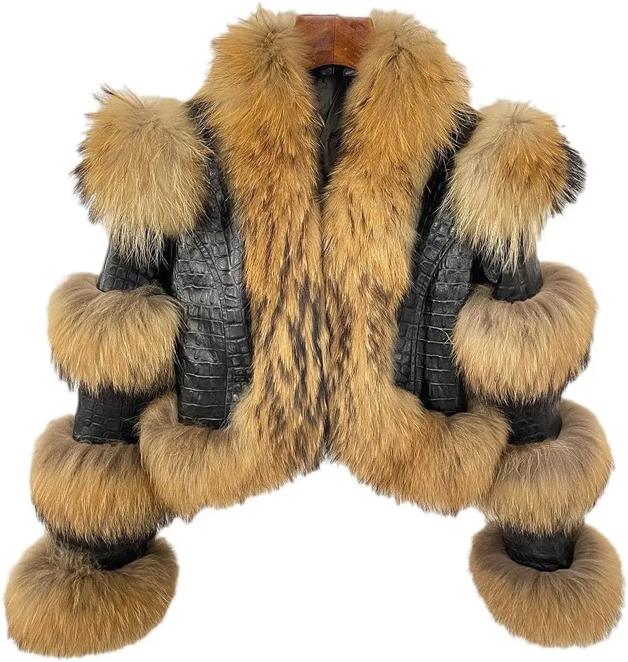 LVCOMEFF Women Sheep Leather Cropped Jacket Bolero Top Coat Motorcycle Jacket With Fox Fur Layer Long Sleeve Python Pattern