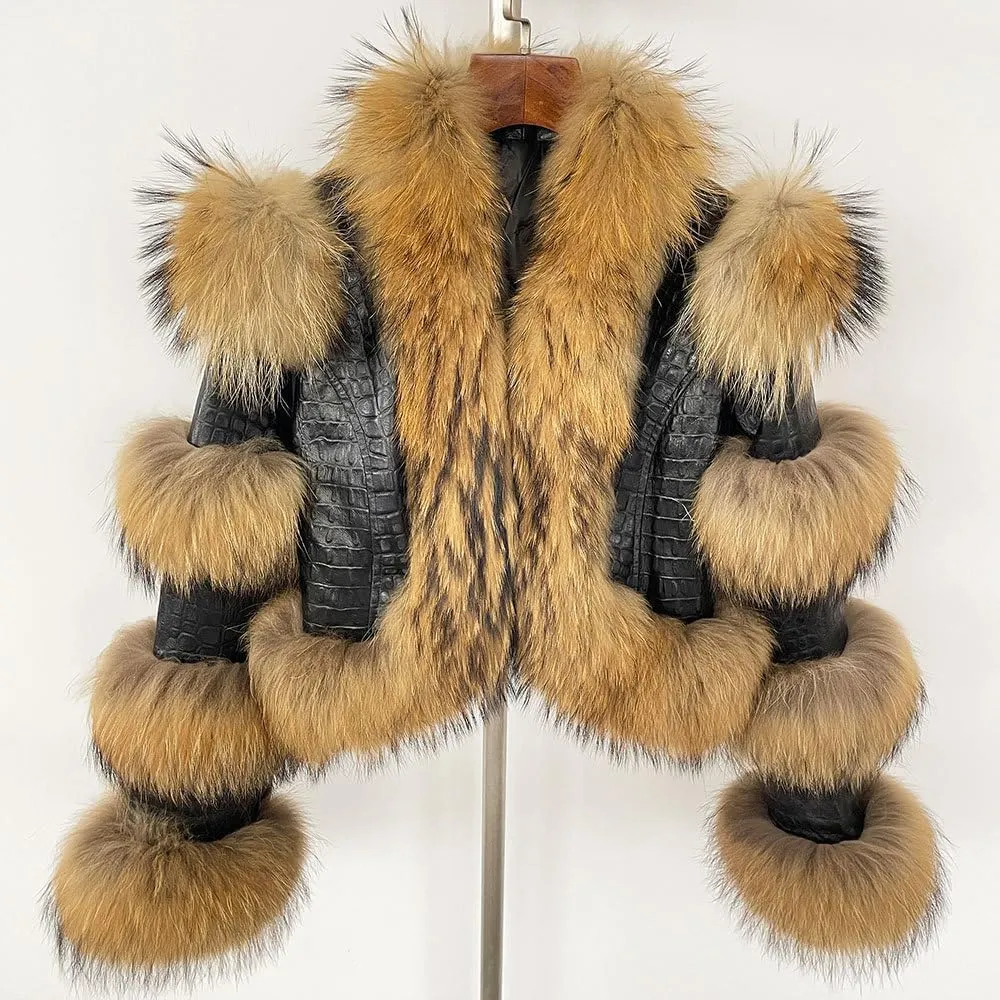 LVCOMEFF Women Sheep Leather Cropped Jacket Bolero Top Coat Motorcycle Jacket With Fox Fur Layer Long Sleeve Python Pattern