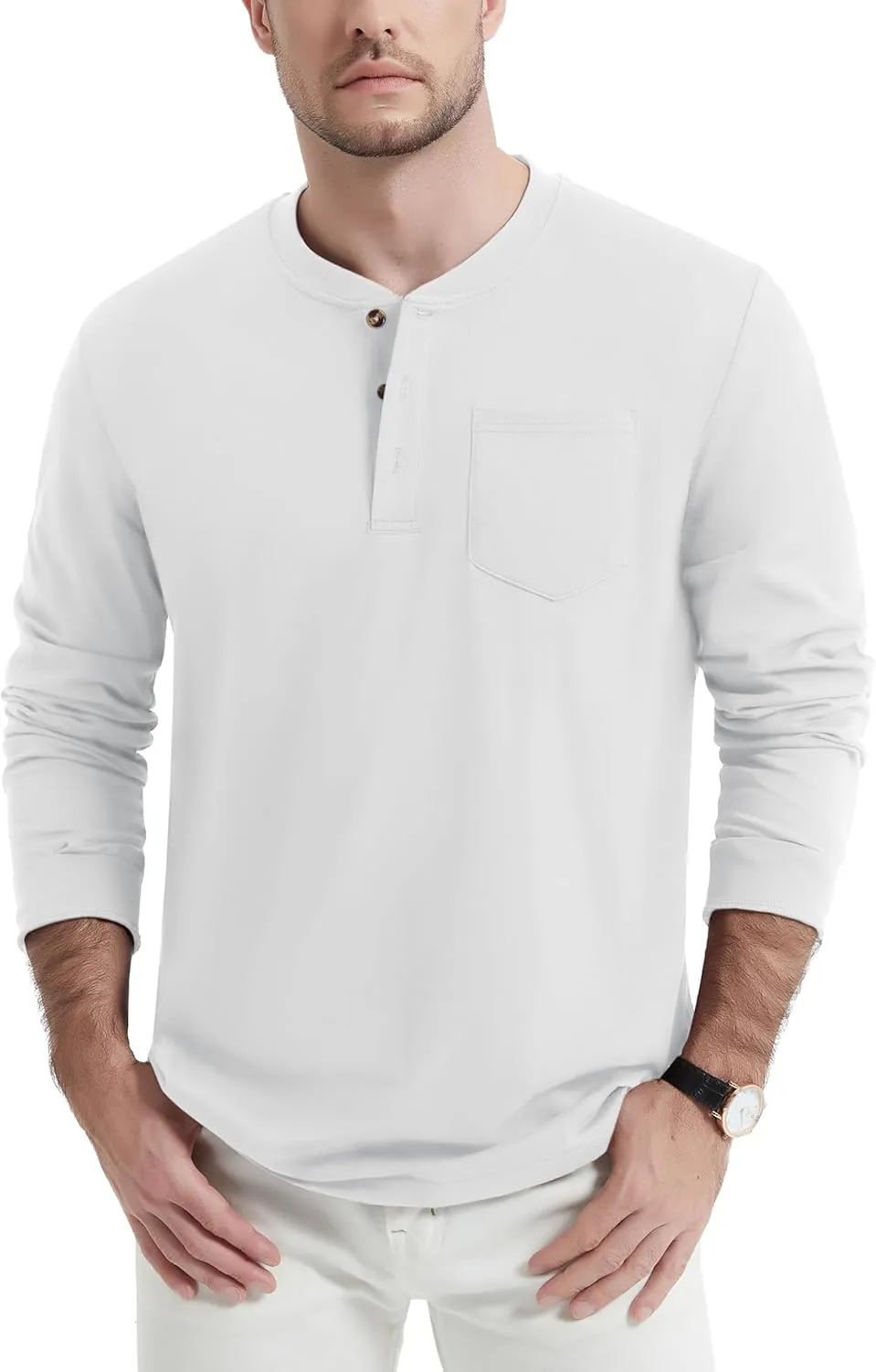 MAGNIVIT Mens Henley Shirts Long Sleeve Fall Cotton Casual T-Shirts with Pocket Plain Moisture Wicking Tee with 3 Button