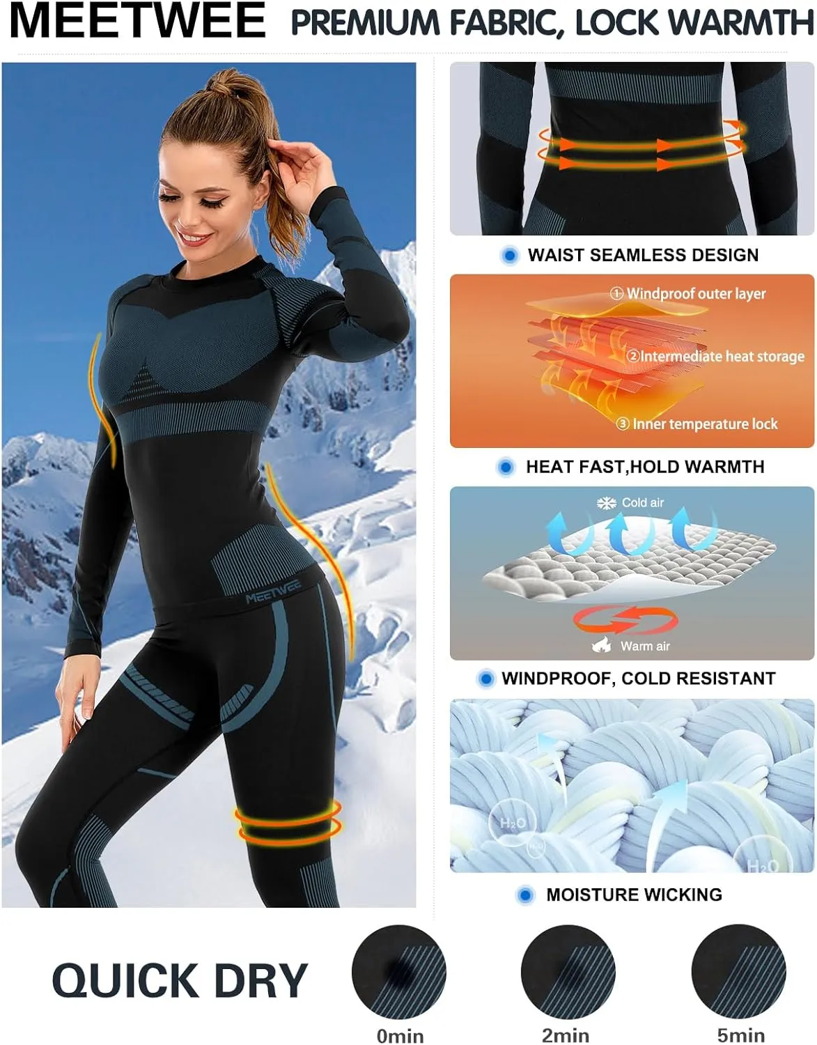 MEETWEE Workout Thermal Underwear Set for Women, Winter Base Layer Long Johns Warm Top and Bottom Sets for Skiing
